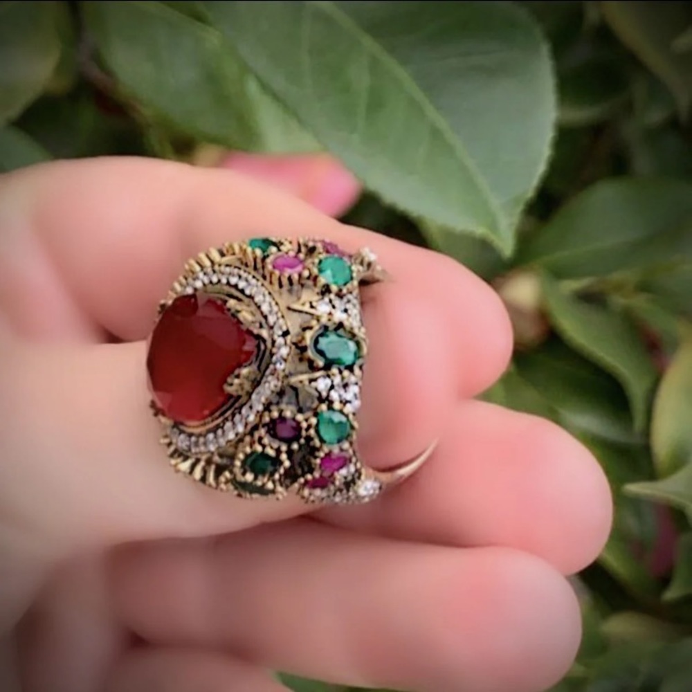 10 RUBY EMERALD FINE RING Solid 925 Silver/Gold